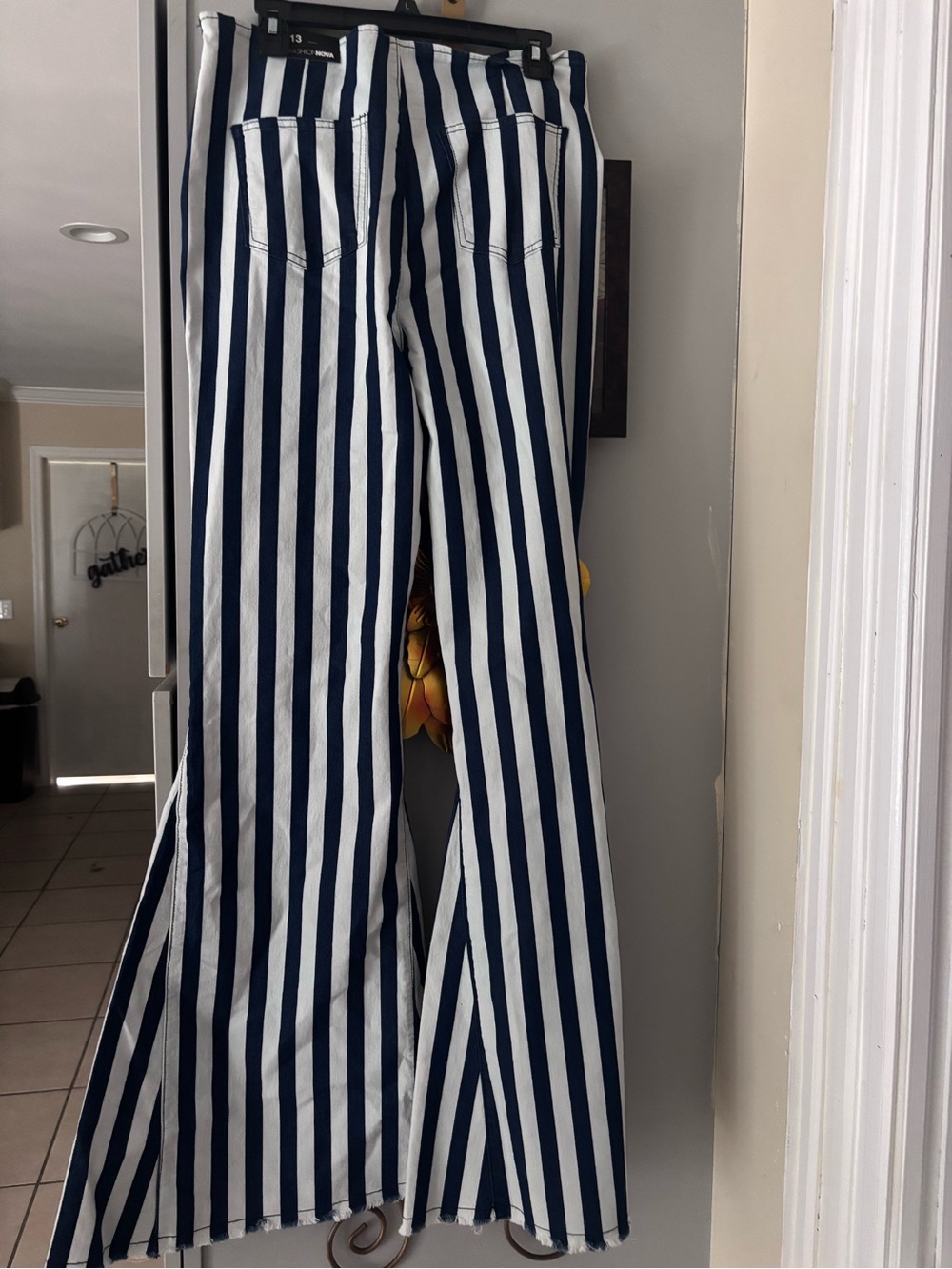 Fashion Nova Navy and White Striped Flare Jeans